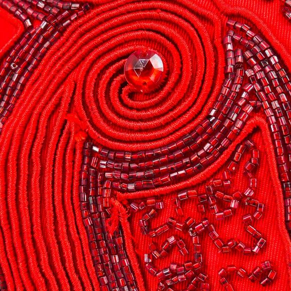 Vintage 80s Chancelle Linen Red Beaded Statement Made in Hong Kong Blazer - Picture 3 of 9